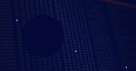 Image of spheres over navy background with data processing. Data processing and technology concept...
