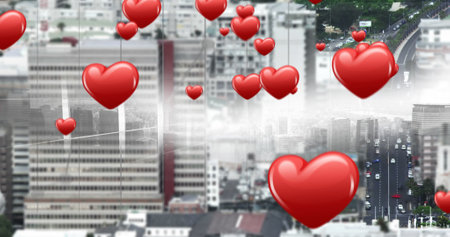 Image of hearts over cityscape. Social media, communication, global network, internet and new technology concept.の写真素材