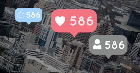 Image of social media reactions over cityscape. Social media, communication, connections, global...