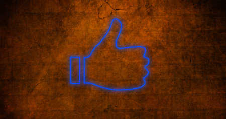 Composite of digital blue like button icon against abandoned wall, copy space. Thumbs up, social...