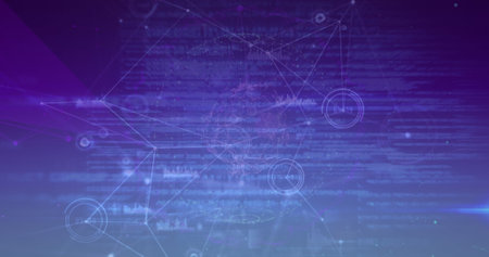 Composition of network of connections with data processing on blue background. Global connections, computing and digital interface concept digitally generated image.の写真素材