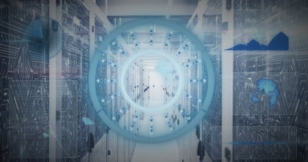 Composition of scope scanning and data processing over server room. Global technology, computing and...