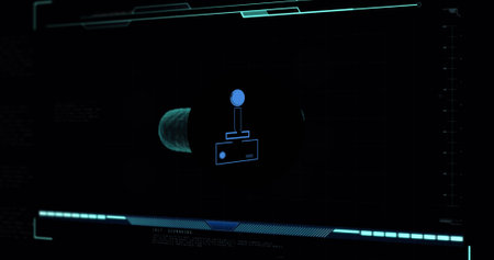 Composition of gamepad icon and data processing on black background. Global technology, computing...
