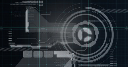 Composition of scope scanning and data processing on black background. Global technology, computing...