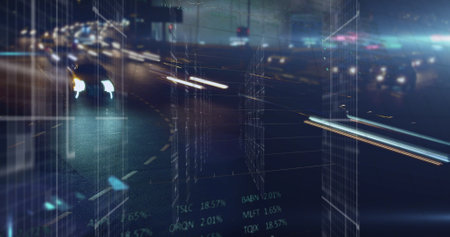 Image of data processing over cityscape. Global business, finances and digital interface concept digitally generated image.の写真素材