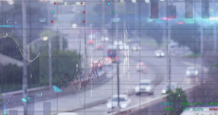 Image of data processing over cityscape. Global business, finances and digital interface concept digitally generated image.の写真素材