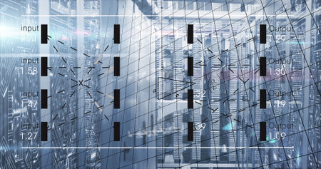 Image of data processing over server room. Global business and digital interface concept digitally...