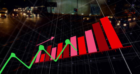 Image of graph over cityscape. Global business, finances and digital interface concept digitally generated image.の写真素材