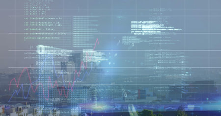 Image of finacial data processing over cityscape. Global business, finances, data processing and...