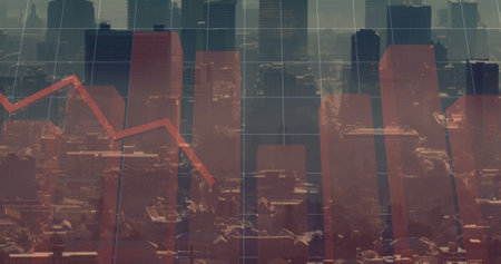 Image of finacial data processing over cityscape. Global business, finances, data processing and...