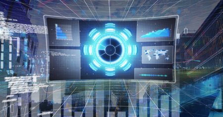 Image of data processing over cityscape. Global business, finances and digital interface concept...