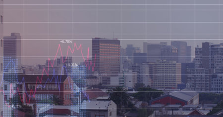 Image of finacial data processing over cityscape. Global business, finances, data processing and digital interface concept digitally generated image.の写真素材