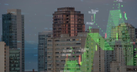 Image of finacial data processing over cityscape. Global business, finances, data processing and...