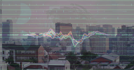 Image of finacial data processing over cityscape. Global business, finances, data processing and...