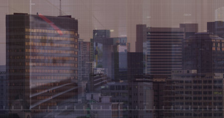 Image of finacial data processing over cityscape. Global business, finances, data processing and digital interface concept digitally generated image.の写真素材