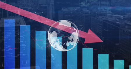 Image of red arrow with statistics processing over world map. Global business finances and digital interface concept digitally generated image.の写真素材