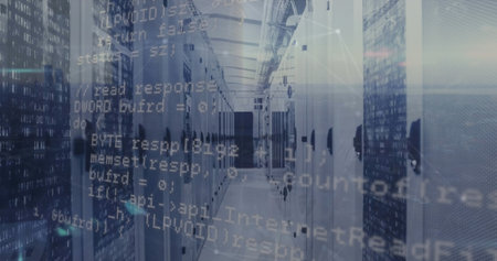Image of data processing over server room. Global business and digital interface concept digitally generated image.の写真素材