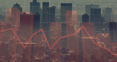 Image of finacial data processing over cityscape. Global business, finances, data processing and digital interface concept digitally generated image.の写真素材
