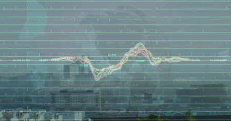 Image of financial data processing over cityscape. Global business, finances, data processing and digital interface concept digitally generated image.の写真素材