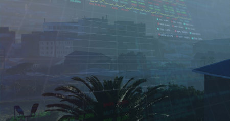 Image of finacial data processing over cityscape. Global business, finances, data processing and...