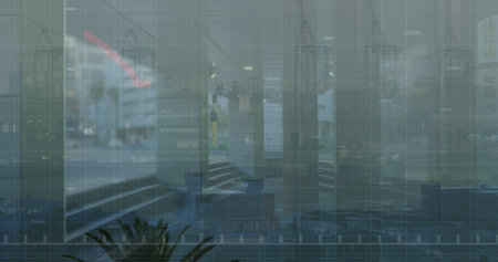 Image of financial data processing over cityscape. Global business, finances, data processing and...