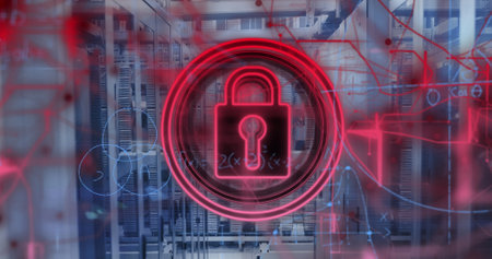Image of data processing and padlock over server room. Global business and digital interface concept digitally generated image.の写真素材
