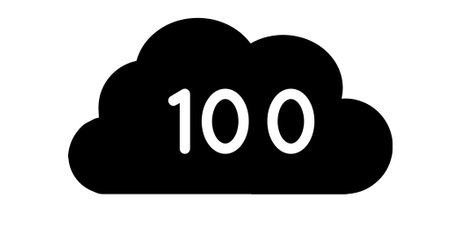 Image of 100 in cloud on white background. Social media, communication, connections, global network and new technology concept digitally generated video.の写真素材