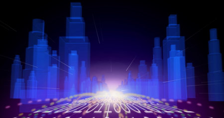 Image of metaverse city in virtual reality with binary code and light. Virtual reality, metaverse, digital interface and technology concept.の写真素材