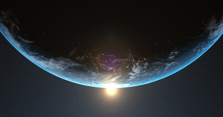 Image of satellite photo of earth and sun visible from space. Cosmos, universe, space, astronomy and...