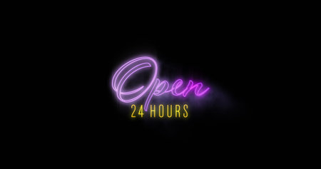 Image of neon open 24 hours on black background. Party, disco, communication, vintage neon and advertisement concept.の写真素材