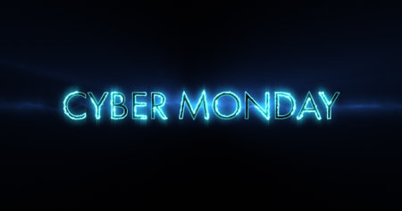 Image of blue neon cyber monday on black background. Trade, online shopping, sales and promotions concept.の写真素材