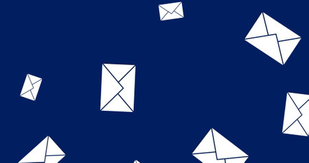 Image of emails scattered over navy background. Electronic mail, communication, connections, internet and technology concept.の写真素材