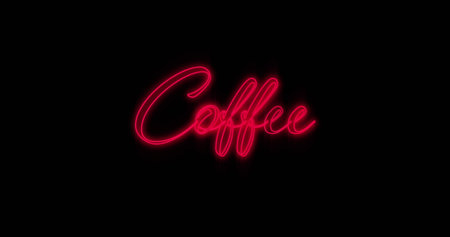 Image of neon coffee on black background. Party, disco, communication, vintage neon and advertisement concept.の写真素材
