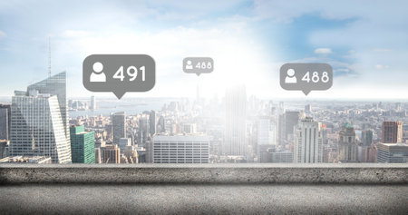 Image of social media reactions over cityscape. Social media, communication, connections, global...