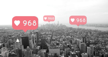 Image of social media reactions over cityscape. Social media, communication, connections, global...