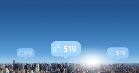 Image of social media reactions over cityscape. Social media, communication, connections, global...