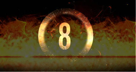 Image of ring and glowing number eight in dramatic countdown over flaming fire background. Countdown, anticipation, time and entertainment concept digitally generated image.の写真素材