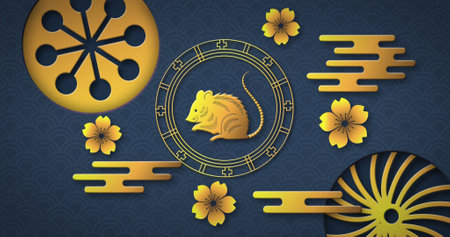 Image of chinese symbolic with mouse, flowers and shapes on navy scallop background. Chinese art, culture, tradition and calendar.の写真素材
