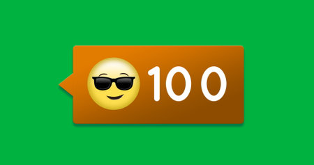 Image of 100 notifications and emoticons over green background. Social media, communication, connections, global network and new technology concept digitally generated video.の写真素材