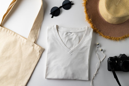 Close up of tshirt and summer equipment on white background. Clothing, fashion and retail concept.の写真素材