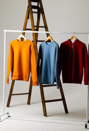Coloured sweatshirts displayed on ladder and copy space on white background. Clothing, fashion and...