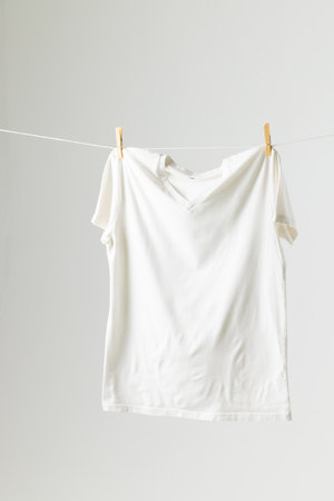 Close up of hanging white tshirt and copy space on white background. Clothing, fashion and retail...