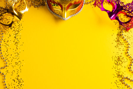 Composition of colourful mardi gras beads and carnival masks on yellow background with copy space. Party, celebration and carnival concept.の写真素材