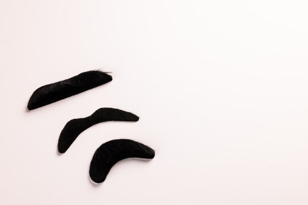 Composition of fake moustaches on white background with copy space. Fake moustache day, party,...