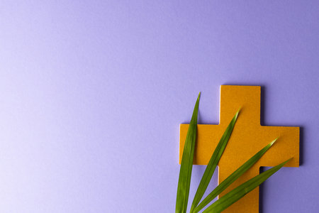Composition of christian ash wednesday cross and palm leaves on purple background with copy space....
