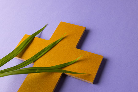 Composition of christian ash wednesday cross and palm leaves on purple background with copy space....