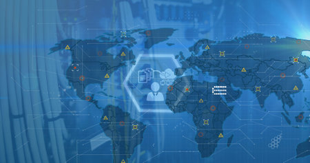 Image of digital interface and data processing over world map on blue background. Global data...
