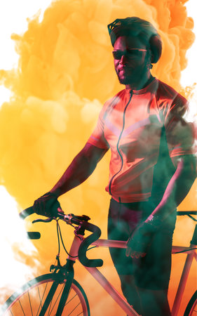 African american male athlete wearing helmet and glasses standing with bike over smoky background....