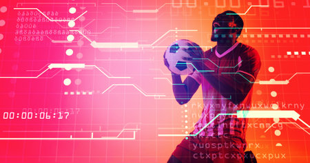 African american male soccer player with ball screaming over computer language, lines and dots. Composite, sport, competition, winner, match, coding, timer, neon, machine learning, abstract concept.の写真素材