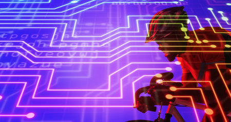 African american male athlete wearing helmet riding bike over illuminated texts and connected dots. Composite, sport, cycling, racing, competition, blue, coding. Neon, machine learning and abstract.の写真素材